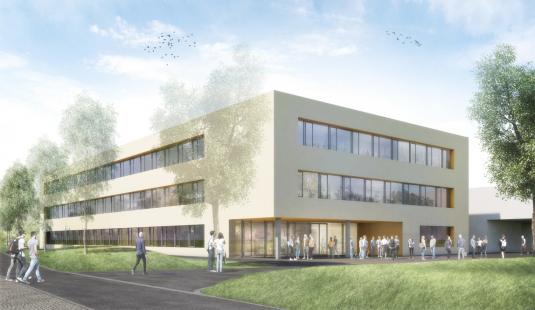Blick Süd – Ost auf den Haupteingang des Erweiterungsneubaus am Beruflichen Schulzentrum in Geislingen  (Bild: Peter Gross Hochbau GmbH & Co. KG, Stuttgart / gk Gössel + Kluge . Generalplaner GmbH, Stuttgart)