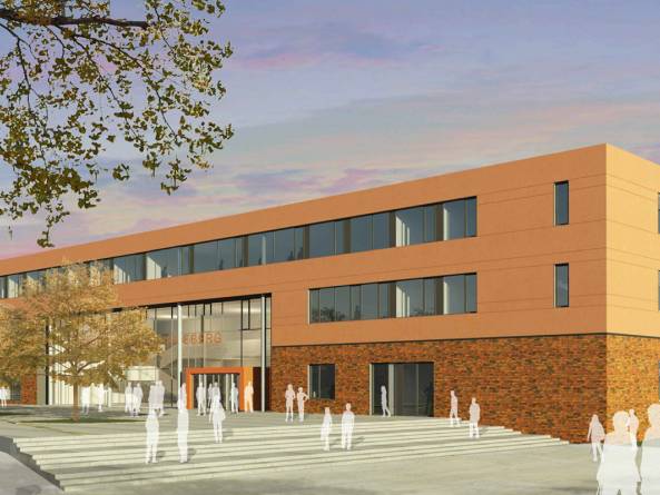 Die perspektivische Ansicht der Berufsbildenden Schulen in Pinneberg von der Seite des Haupteingangs