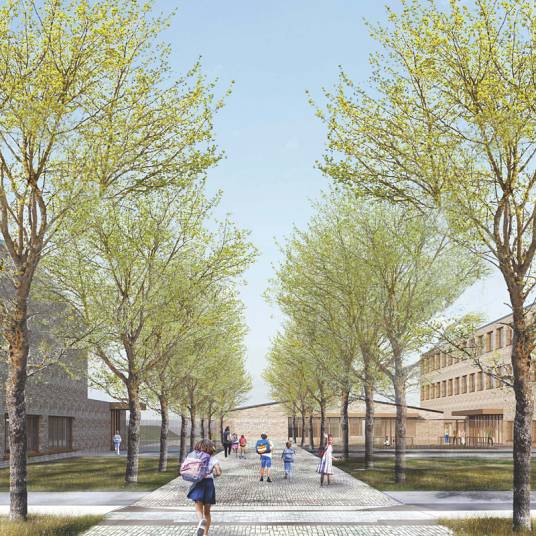 Vom Gruscheweg aus erreicht man den Schulcampus über eine ortstypische Allee. Visualisierungen: Wiechers Beck Gesellschaft von Architekten mbH im Auftrag der August Reiners Bauunternehmung GmbH